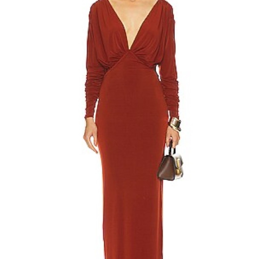 Deep V-Neck Long Sleeve Rust Maxi Dress